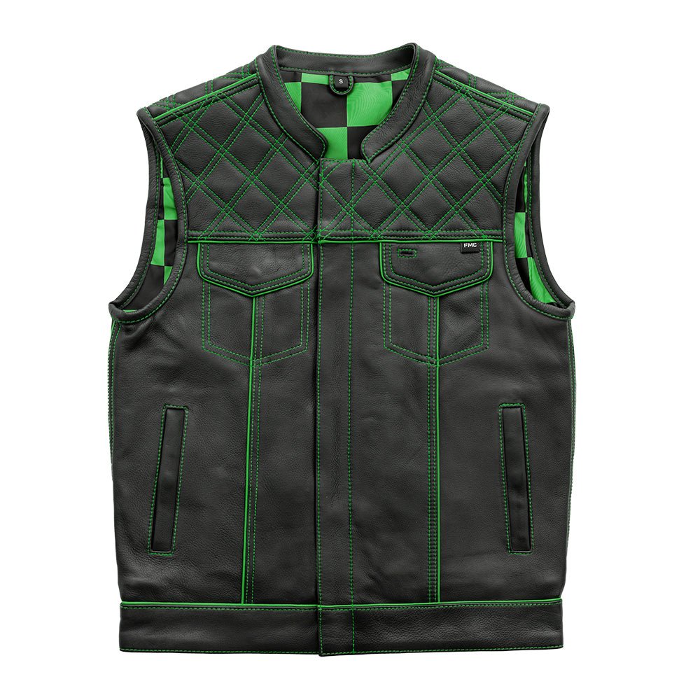 Finish Line - Green Checker - Men's Motorcycle Leather Vest Men's Leather Vest Vests Black Green S