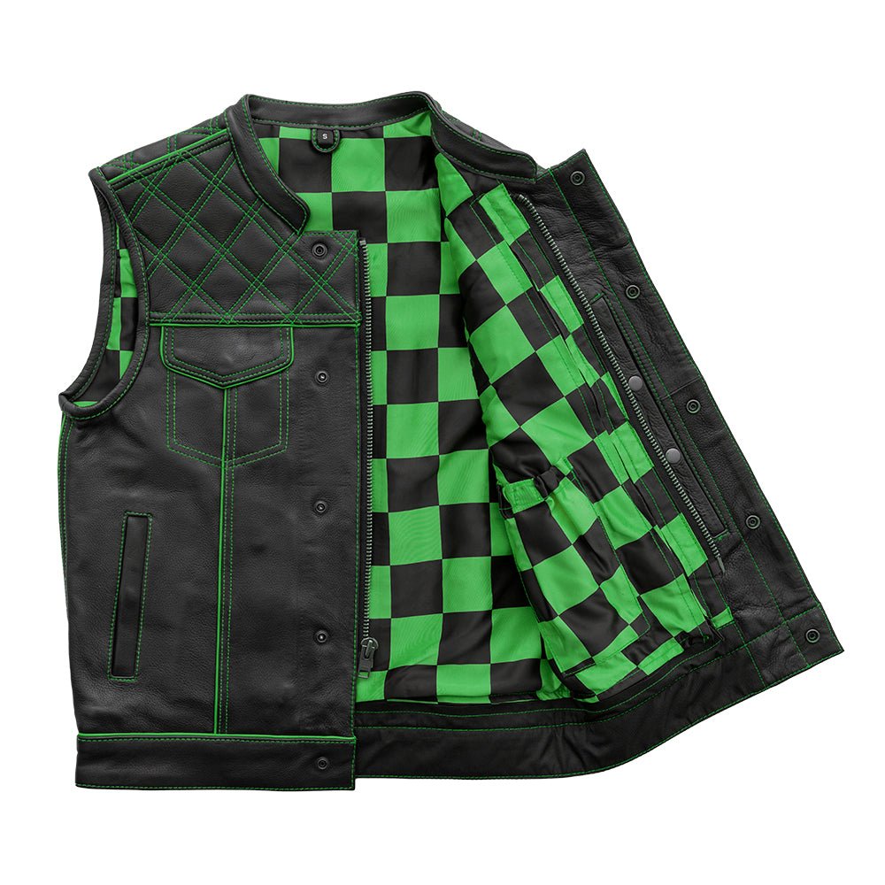 Finish Line - Green Checker - Men's Motorcycle Leather Vest Men's Leather Vest Vests