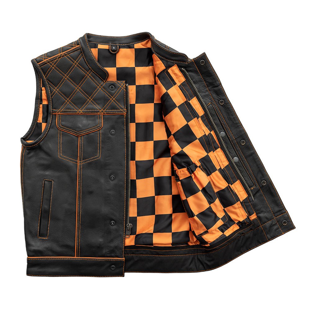 Finish Line - Orange Checker - Men's Motorcycle Leather Vest Men's Leather Vest Vests