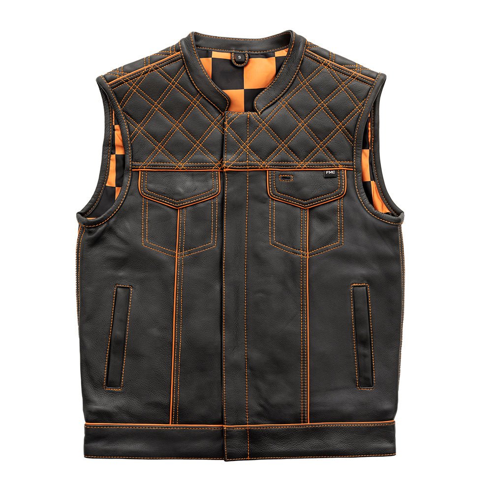 Finish Line - Orange Checker - Men's Motorcycle Leather Vest Men's Leather Vest Vests Black Orange S Leather