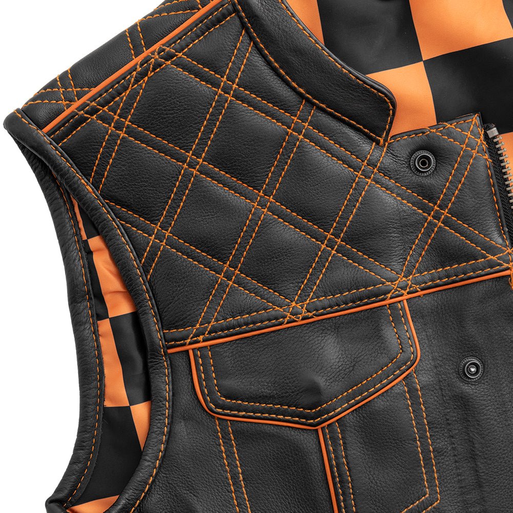 Finish Line - Orange Checker - Men's Motorcycle Leather Vest Men's Leather Vest Vests