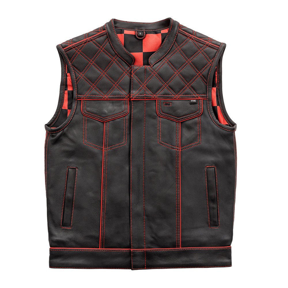 Finish Line - Red Checker - Men's Motorcycle Leather Vest Men's Leather Vest Vests Black Red S