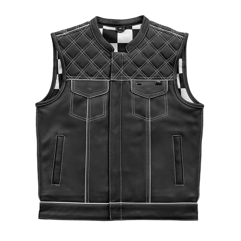Finish Line - White Checker - Men's Motorcycle Leather Vest Men's Leather Vest Vests Black White S