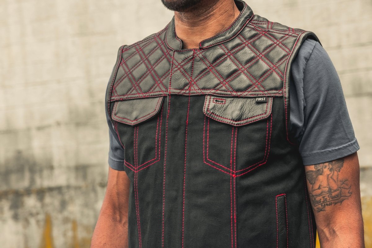 Hunt Club Motorcycle Leather Canvas Vest Black/Red Men's Canvas Vests Vests