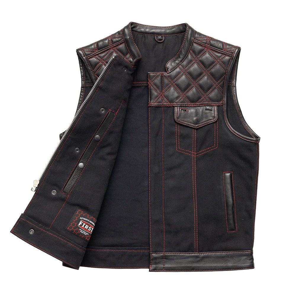 Hunt Club Motorcycle Leather Canvas Vest Black/Red Men's Canvas Vests Vests