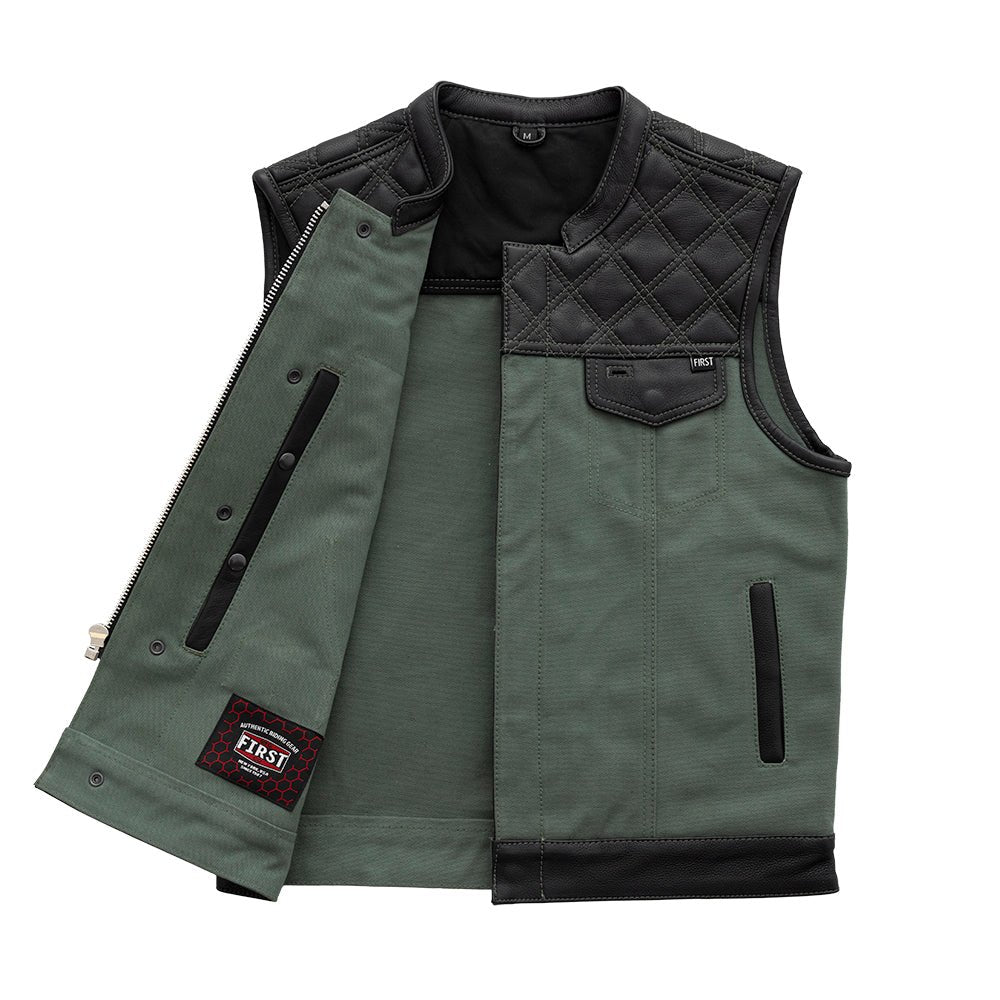 Hunt Club Motorcycle Leather Canvas Vest Green Men's Canvas Vests Vests