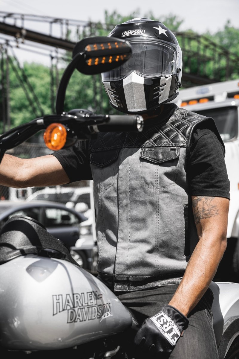 Hunt Club Motorcycle Leather Canvas Vest Grey Men's Canvas Vests Vests