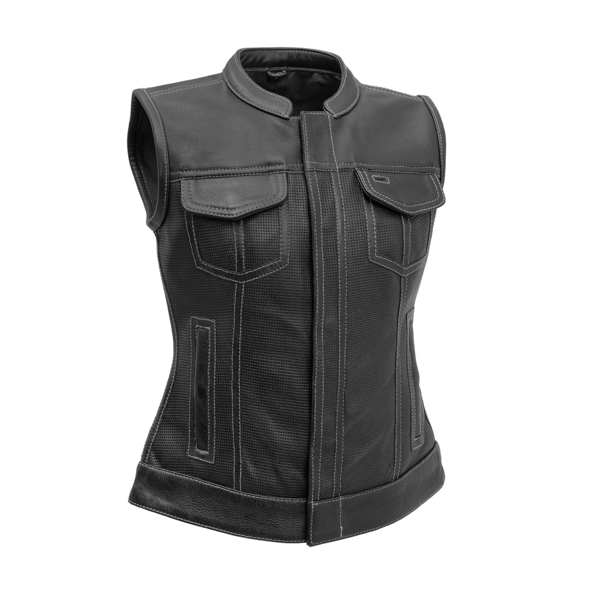 Jessica Perforated Women's Motorcycle Leather Vest Red and Grey Women's Perforated Leather Vest Vests Grey XS
