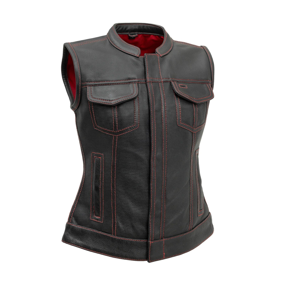 Jessica Perforated Women's Motorcycle Leather Vest Red and Grey Women's Perforated Leather Vest Vests Black Red XS