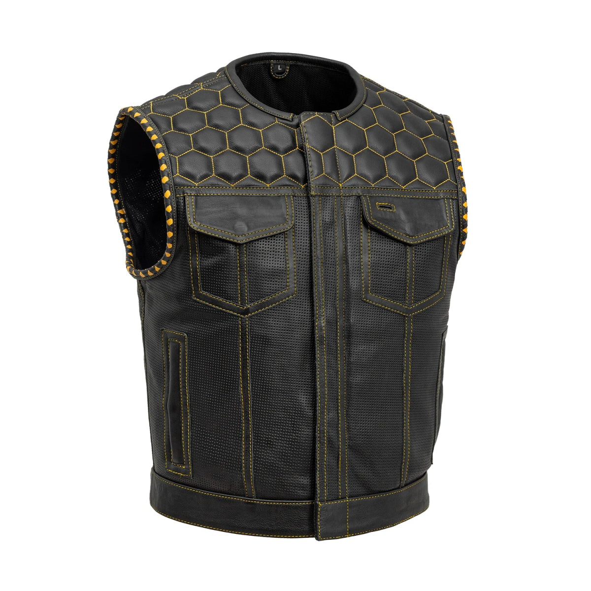 Lowside Hornet Perforated Men's Club Style Leather Vest Men's Perforated Leather Vest Vests Black Gold S