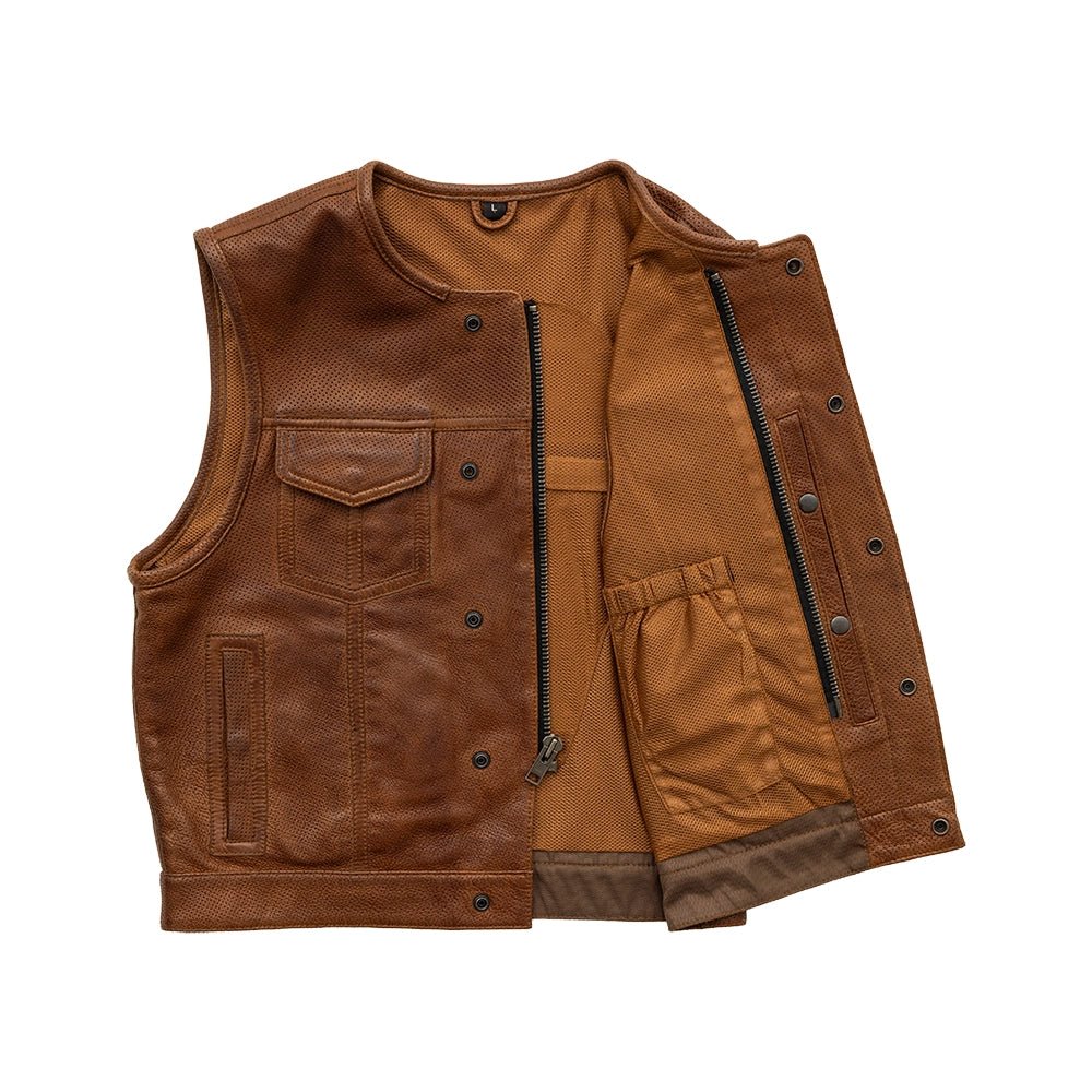 Lowside Men's Perforated Motorcycle Leather Vest Cognac Men's Perforated Leather Vest Vests