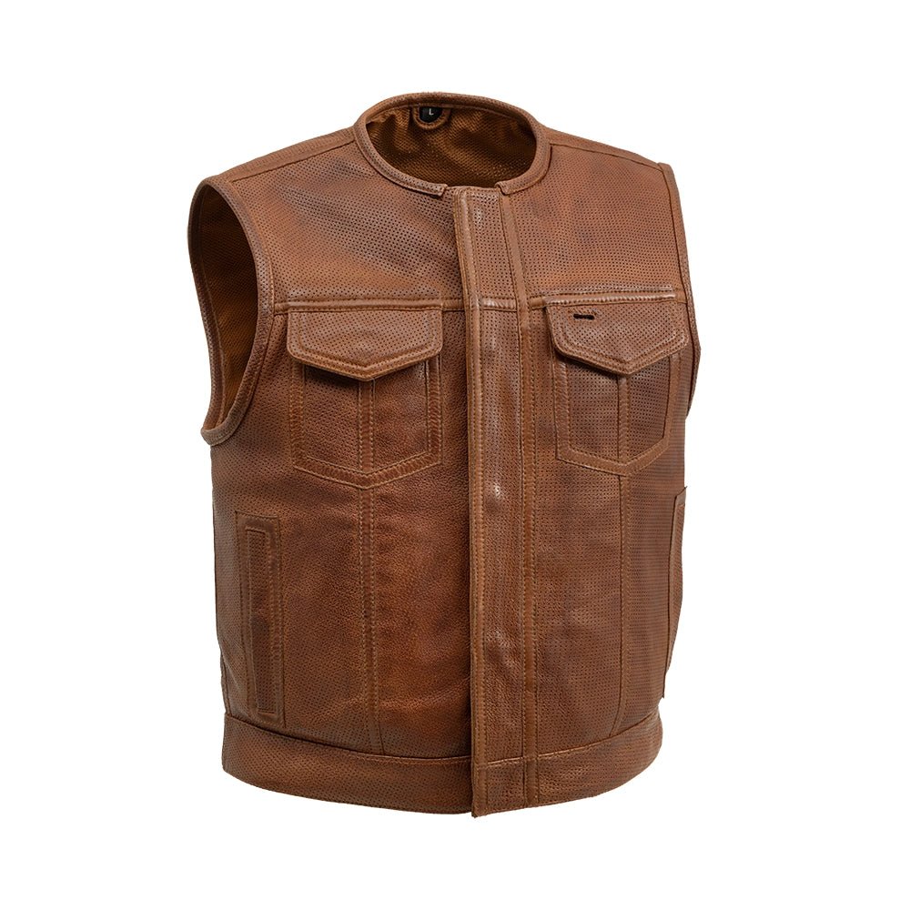 Lowside Men's Perforated Motorcycle Leather Vest Cognac Men's Perforated Leather Vest Vests Cognac S