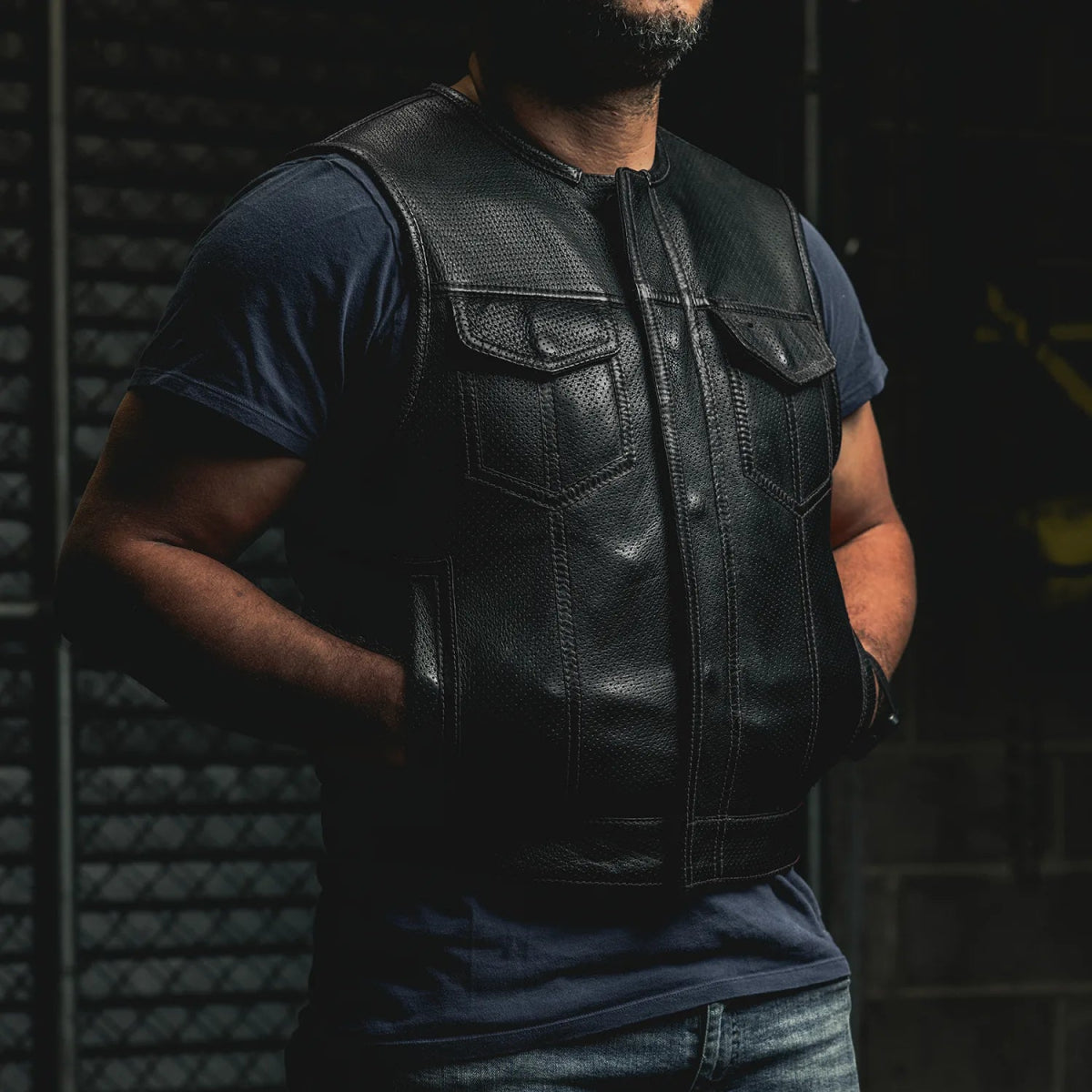 Lowside Men's Perforated Motorcycle Leather Vest Men's Perforated Leather Vest Vests
