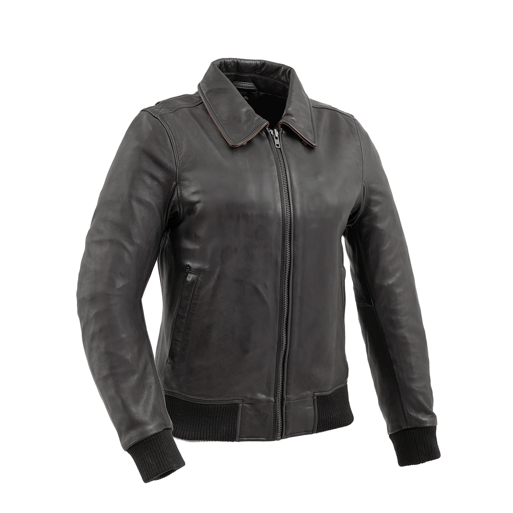 Nancy - Women's Moto Bomber Leather Jacket Women's Bomber Jacket First Manufacturing Company Black Cognac XS
