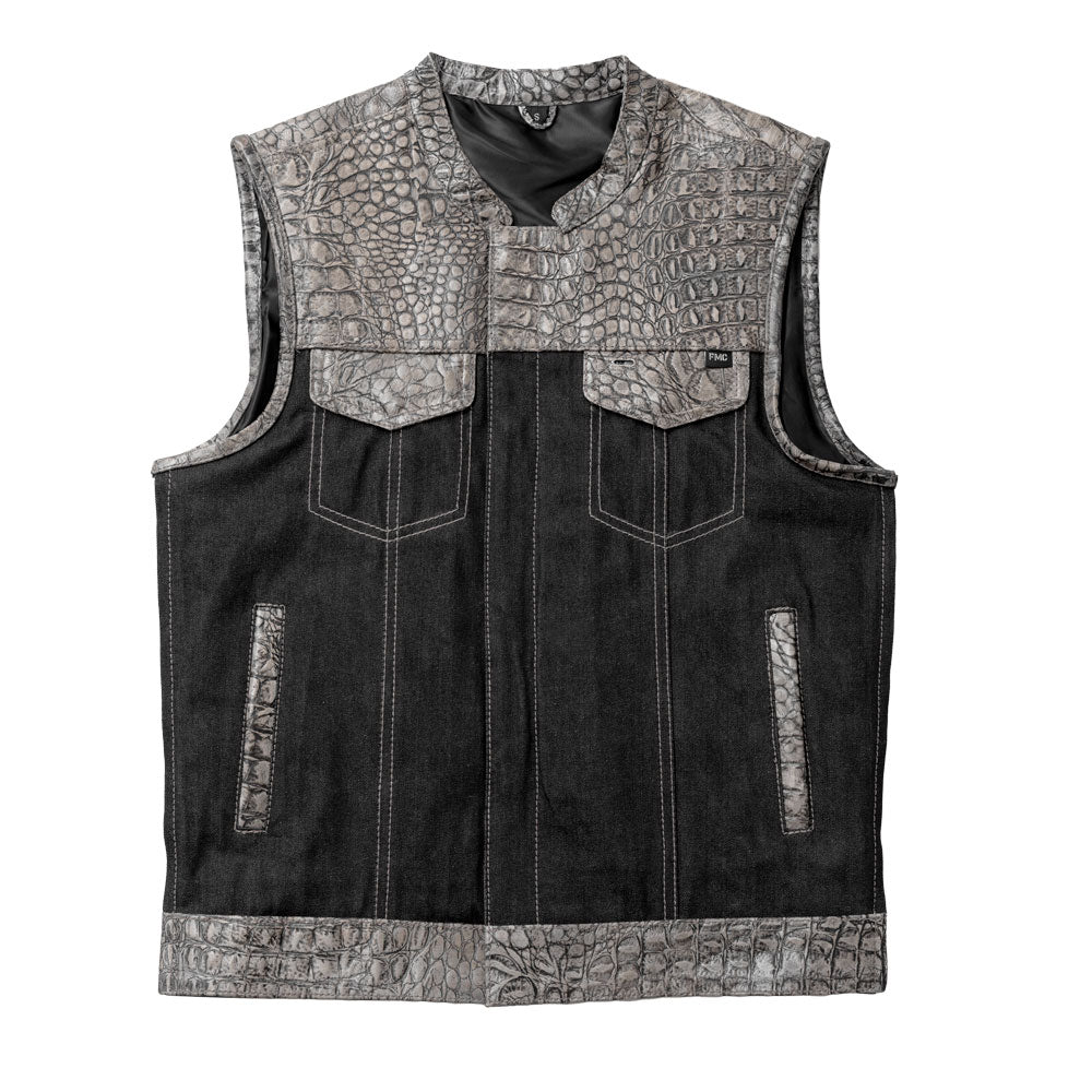 Placid - Men's Leather/Denim Motorcycle Vest - Limited Edition Factory Customs First Manufacturing Company S