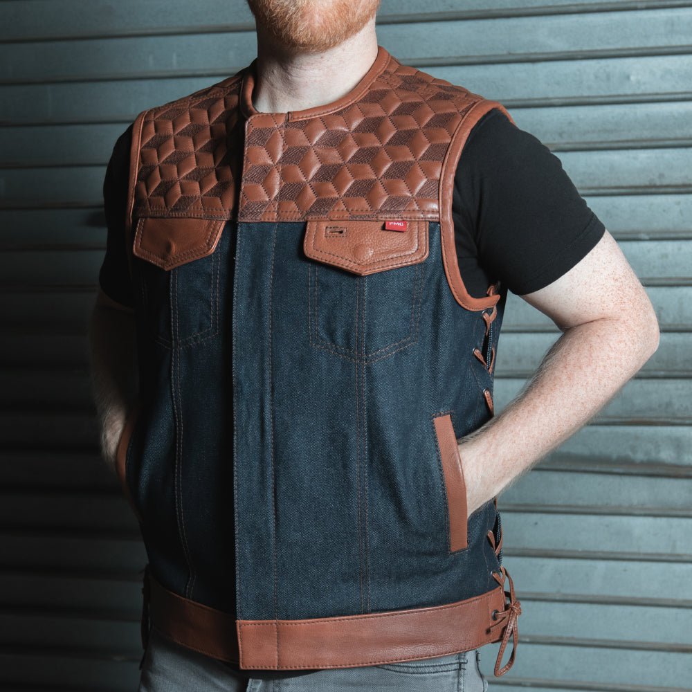 Red Label - Men's Club Style Leather/Denim Motorcycle Vest - Limited Edition Factory Customs First Manufacturing Company