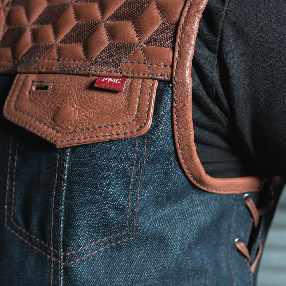 Red Label - Men's Club Style Leather/Denim Motorcycle Vest - Limited Edition Factory Customs First Manufacturing Company