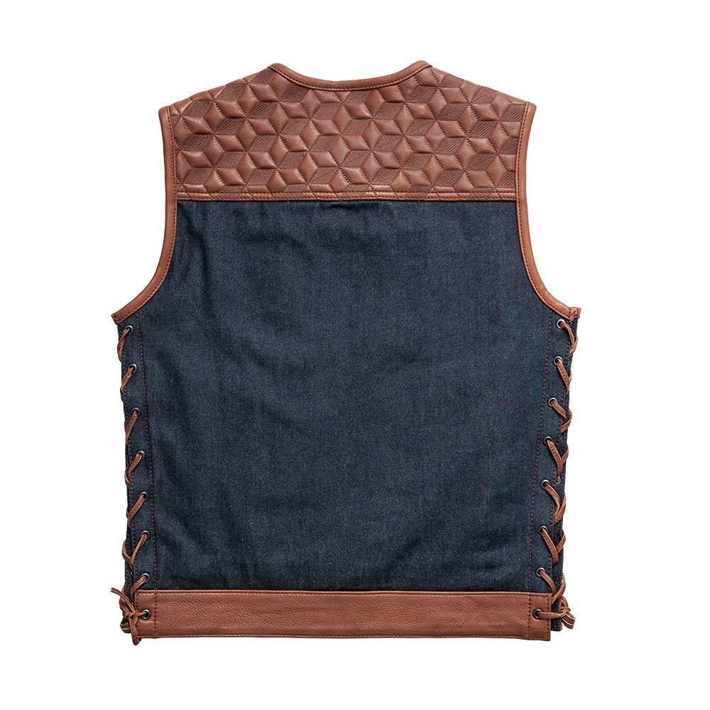 Red Label  - Men's Club Style Leather/Denim Motorcycle Vest - Limited Edition Factory Customs First Manufacturing Company