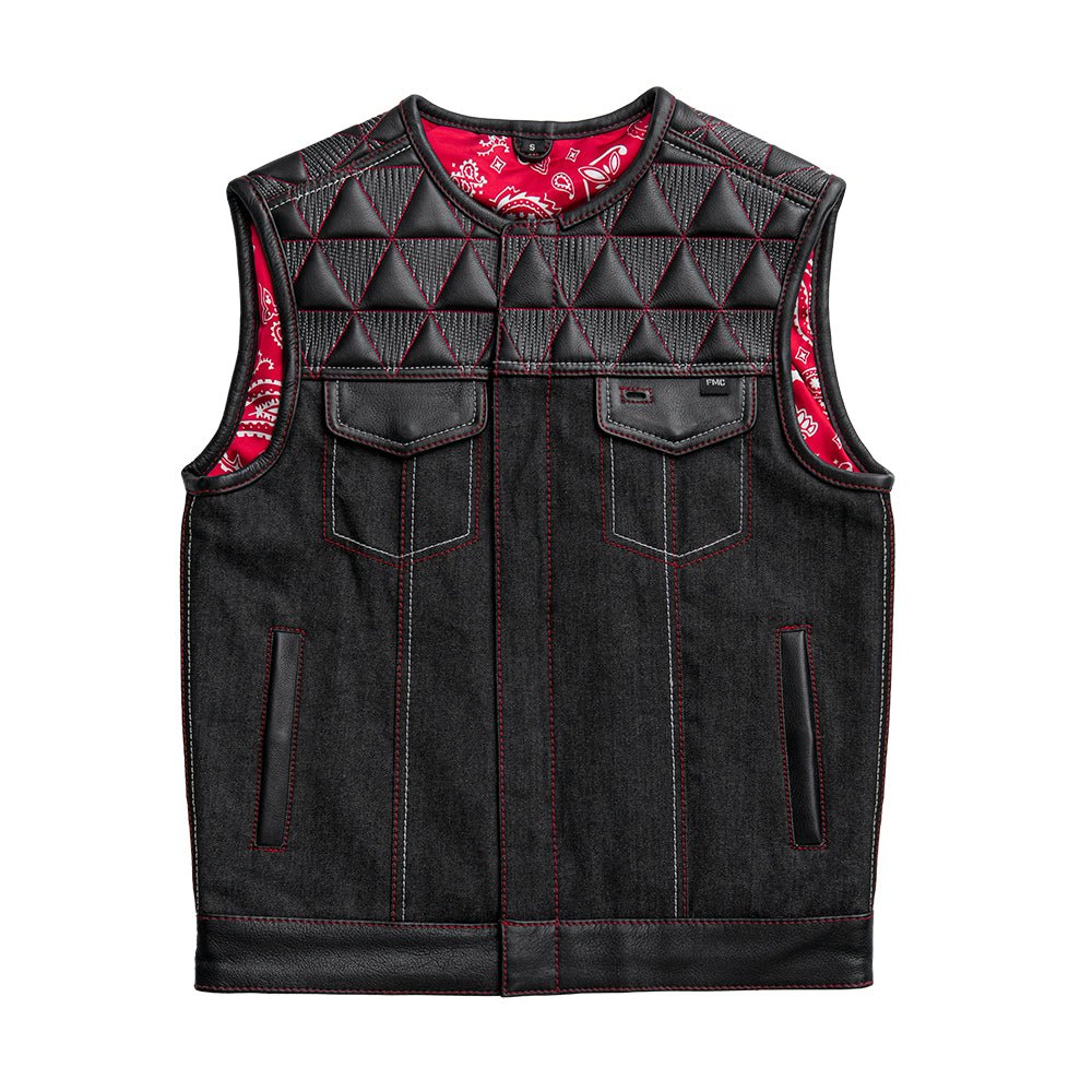 Rush - Men's Club Style Leather/Denim Motorcycle Vest - Limited Edition Factory Customs First Manufacturing Company S