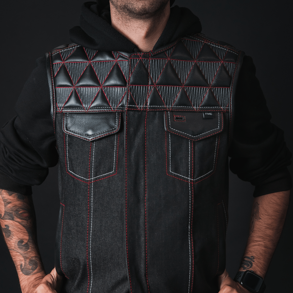 Rush - Men's Club Style Leather/Denim Motorcycle Vest - Limited Edition Factory Customs First Manufacturing Company