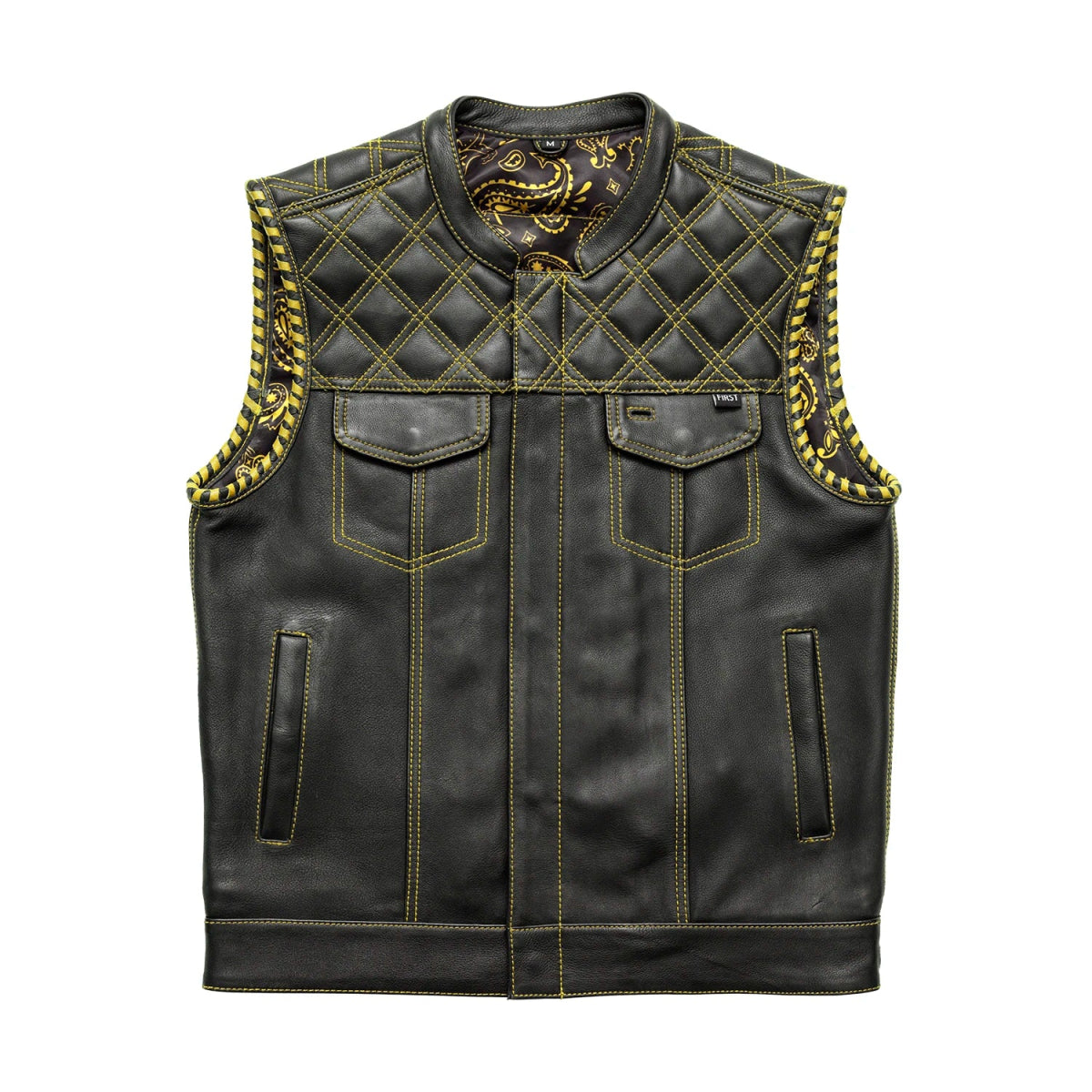 Sinister - Men's Motorcycle Leather Vest Men's Leather Vest Vests Black Yellow S