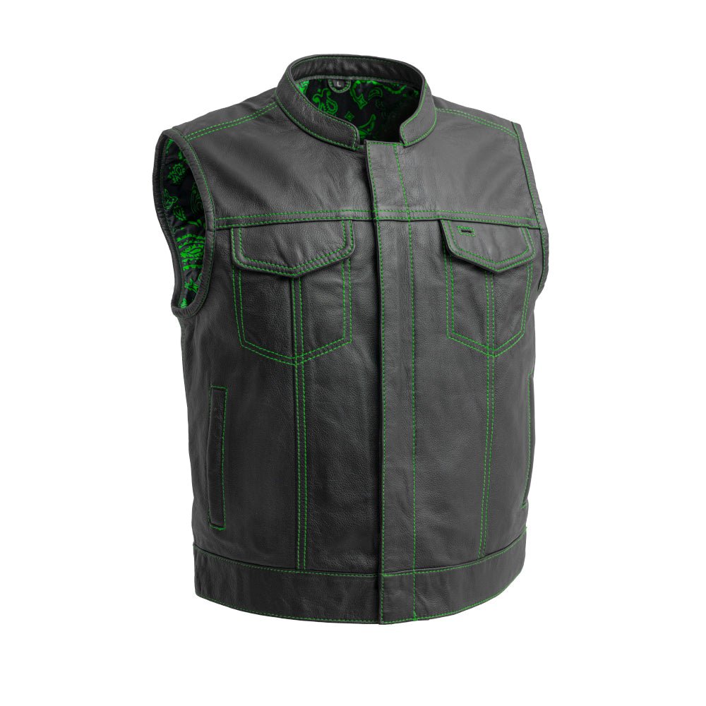 The Club Cut Men's Motorcycle Leather Vest, Multiple Color Options Men's Leather Vest Vests Green S