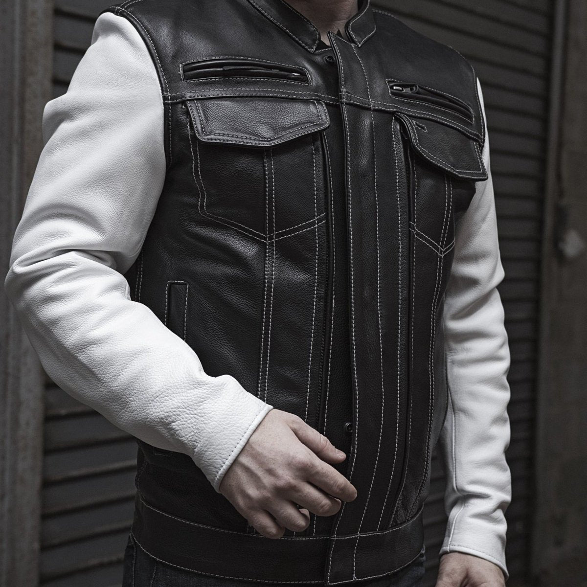 Vincent Men's Cafe Style Leather Jacket Black and White Men's Leather Jacket Jackets