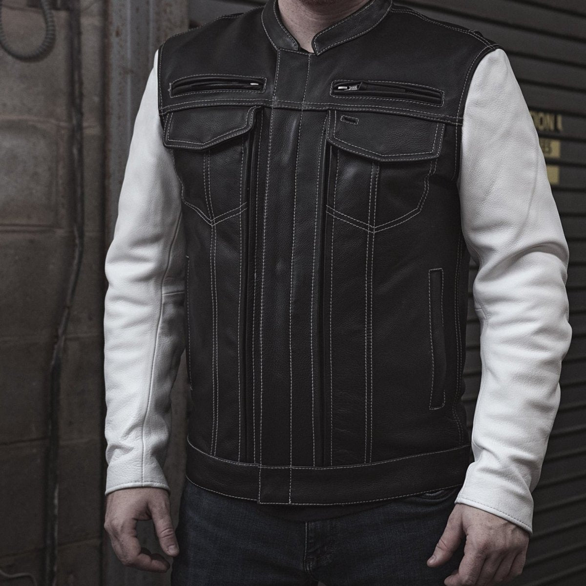 Vincent Men's Cafe Style Leather Jacket Black and White Men's Leather Jacket Jackets