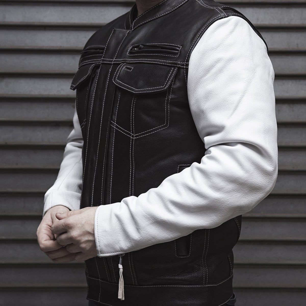 Vincent Men's Cafe Style Leather Jacket Black and White Men's Leather Jacket Jackets