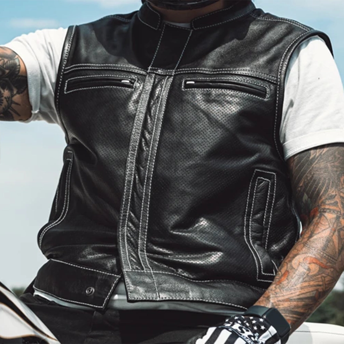 Sharp Shooter Perforated Men's Motorcycle Leather Vest Men's Perforated Leather Vest Vests