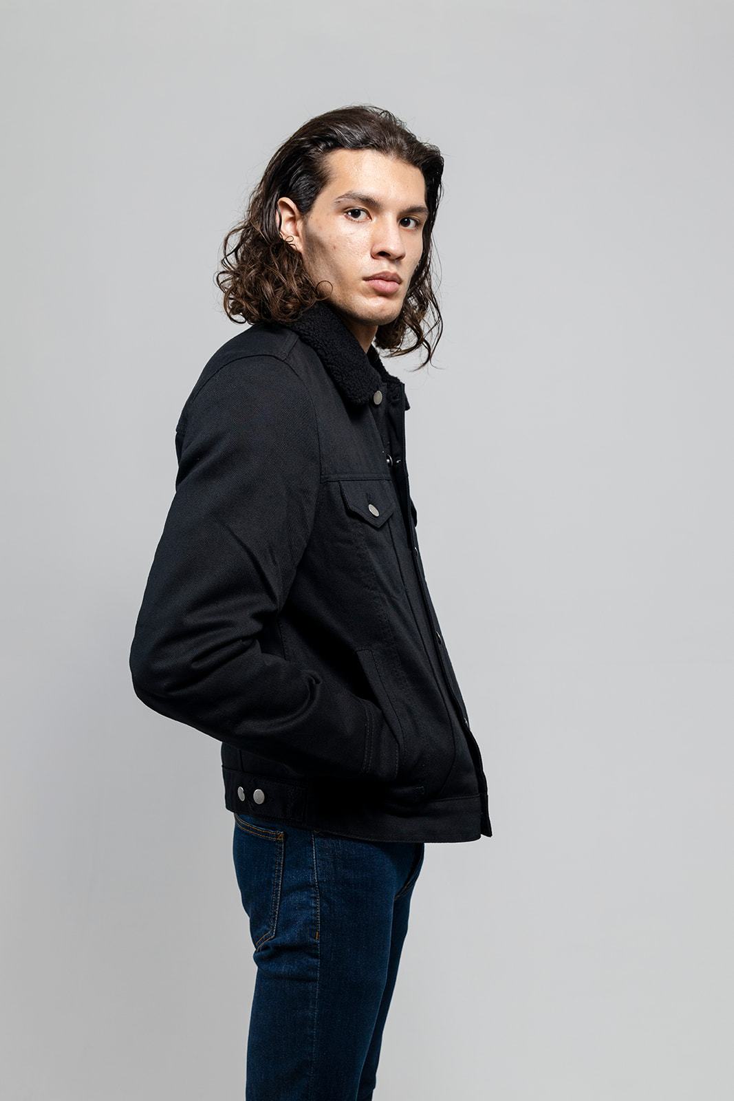 Cain Mens Faux Shearling Twill Jacket Men's Vegan Faux Suede Jacket FMCo