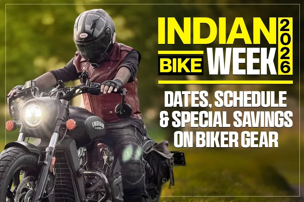 Rider on Indian motorcycle wearing biker gear for Indian Bike Week 2026 dates, schedule, and special savings on motorcycle riding gear.