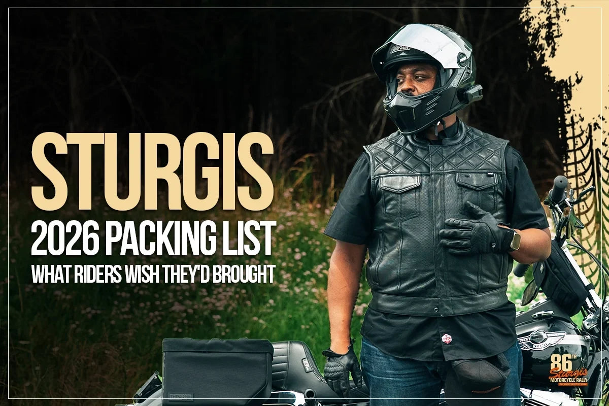 Sturgis 2026 packing list guide featuring a rider wearing a black leather motorcycle vest beside a bike