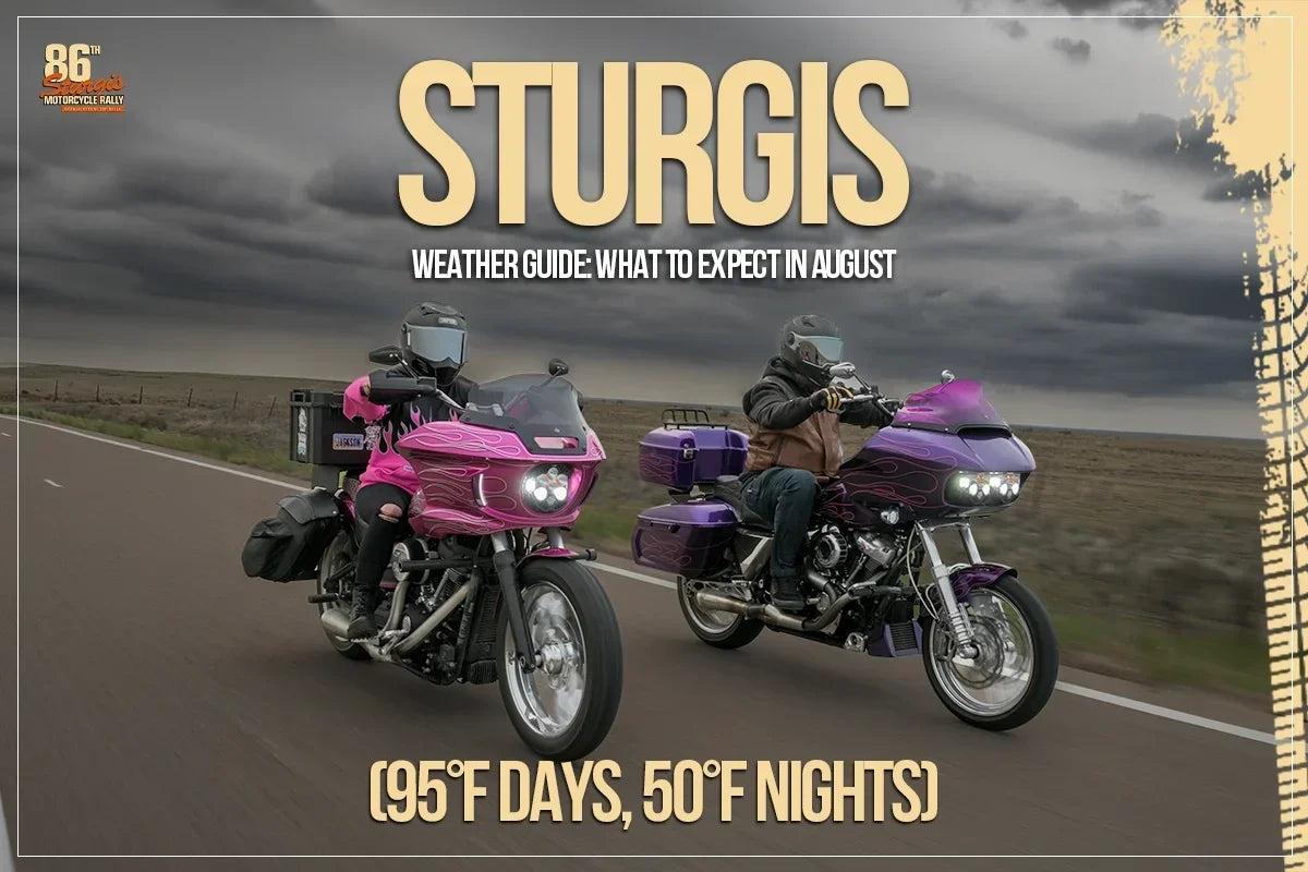 Sturgis weather guide showing bikers riding motorcycles under cloudy skies with August temperatures of 95°F days and 50°F nights.