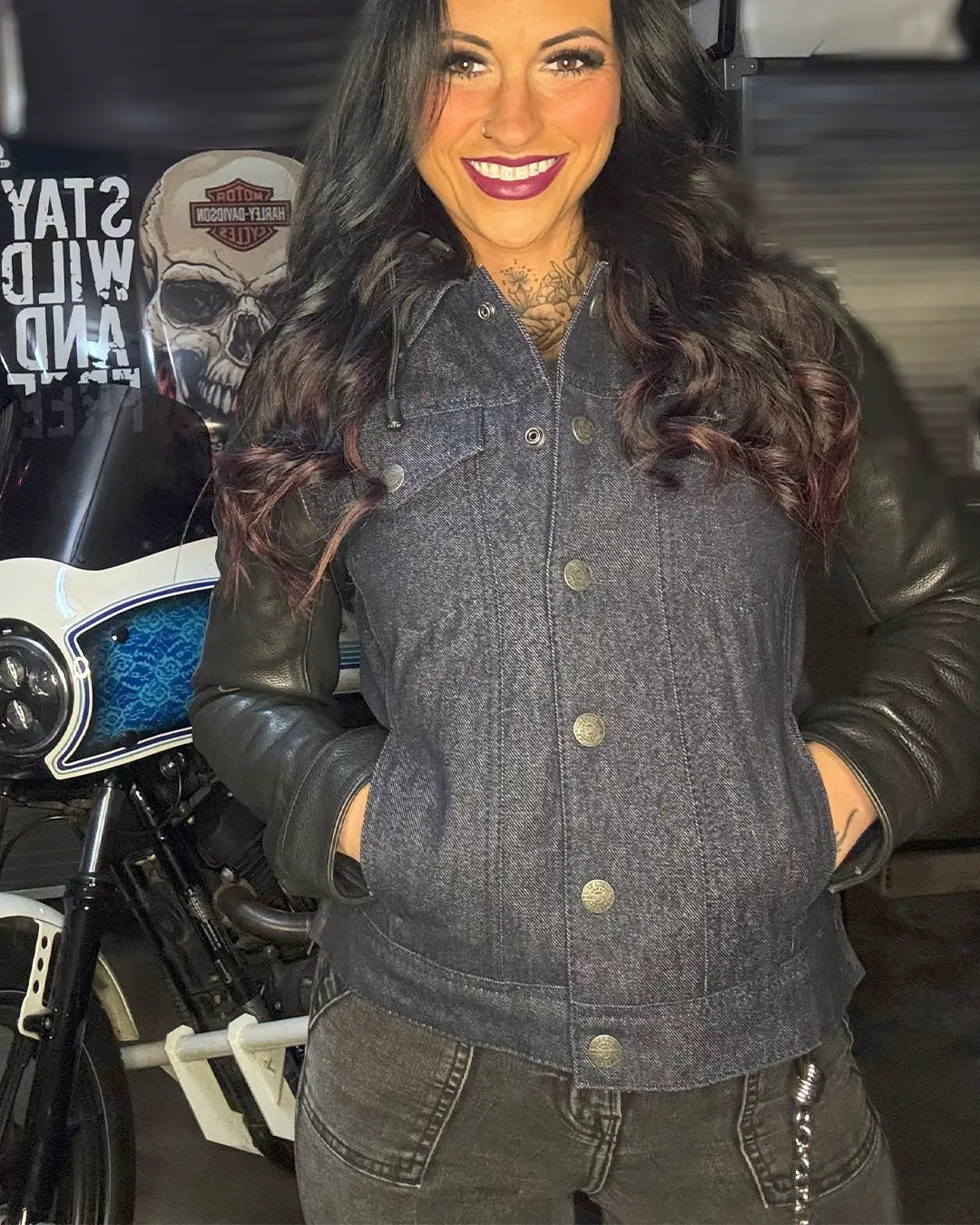 Holli - Motorcycle Denim/Leather Jacket Women's Leather Jacket Jackets