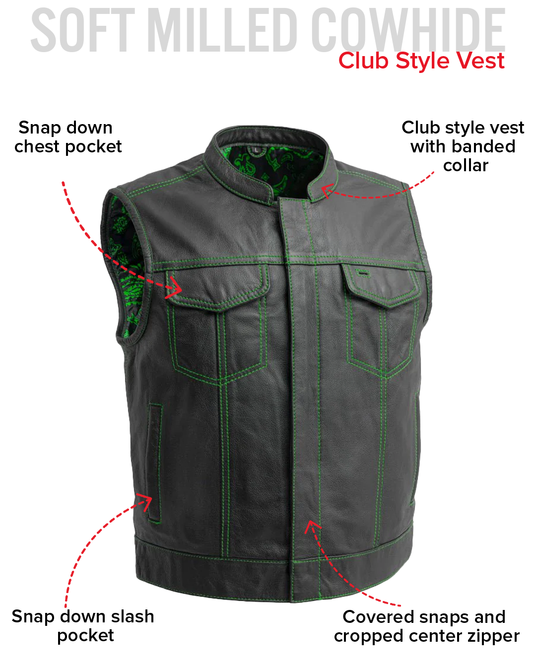 The Club Cut Men's Motorcycle Leather Vest, Multiple Color Options