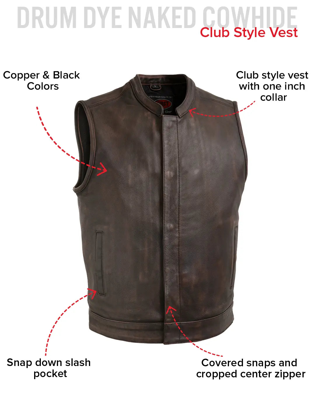 Top Rocker Copper Men's Motorcycle Leather Vest - First MFG