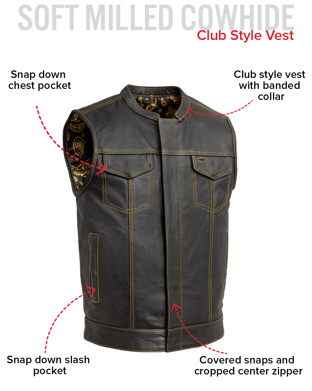 The Cut Men's Motorcycle Leather Vest, Multiple Color Options