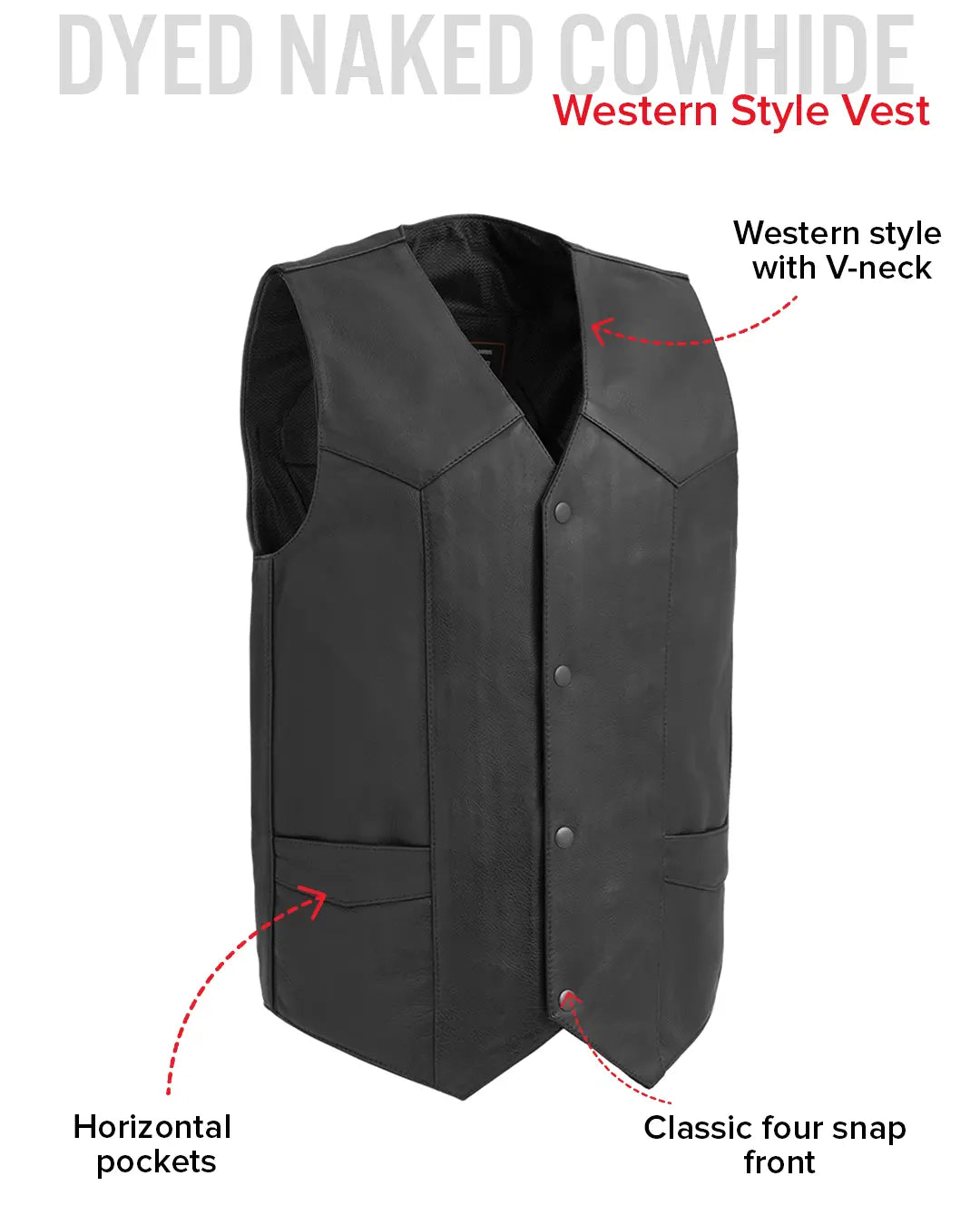 Texan Black Mens Motorcycle Western Style Leather Vest - First MFG Co Texan Black Mens Motorcycle Western Style Leather Vest - First MFG Co