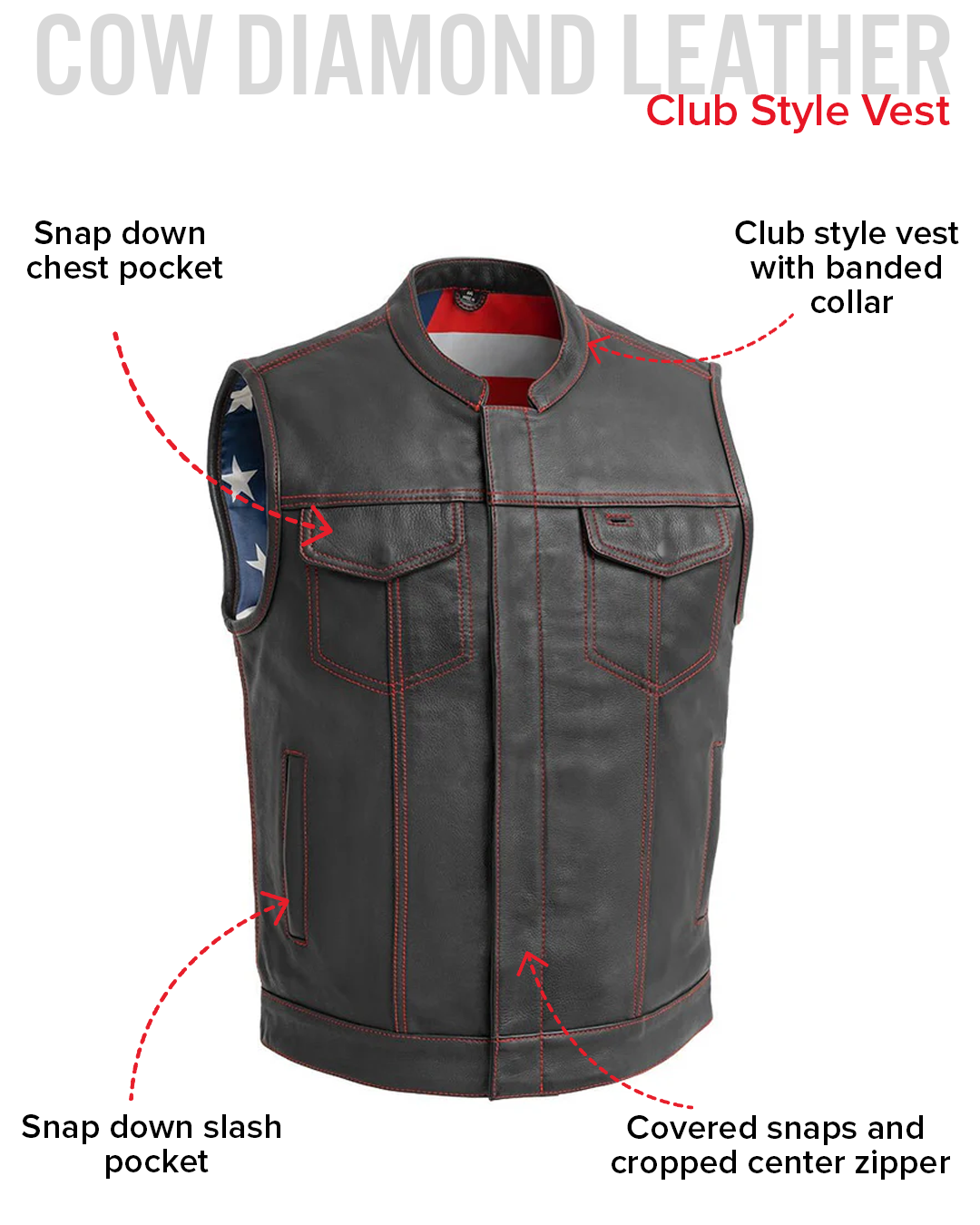 Born Free Men's Leather Motorcycle Leather Vest - Red Stitch Men's Leather Vest Vests