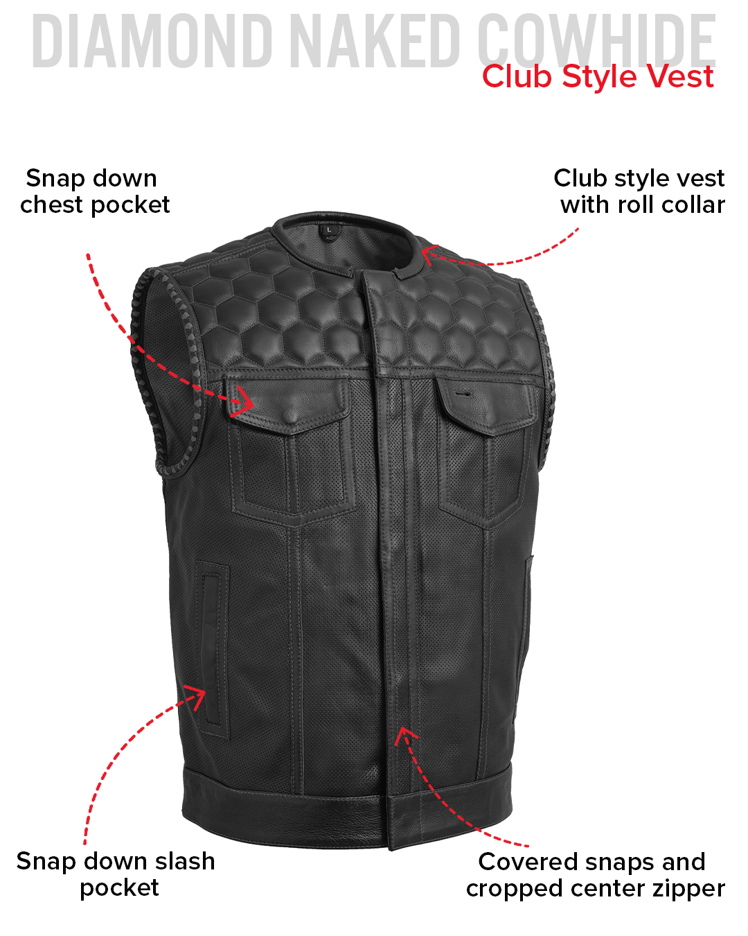 Hornet Perforated Men's Club Style Leather Vest Men's Perforated Leather Vest Vests