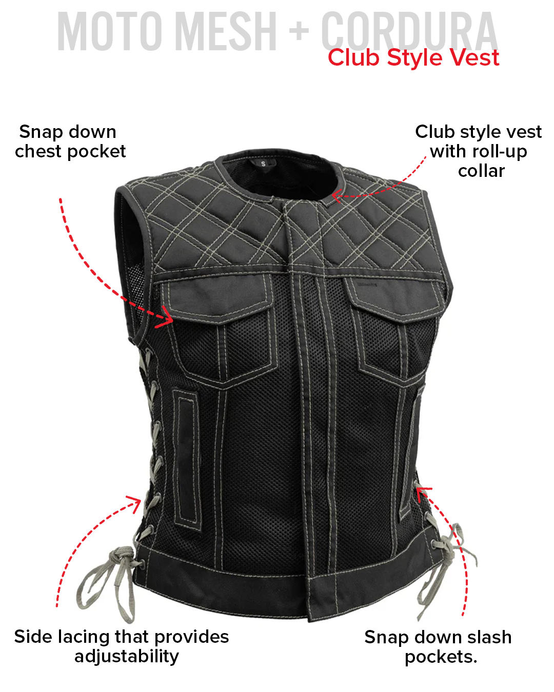 Bonnie Moto Mesh Women's Motorcycle Vest - Diamond Quilt Women's Moto Mesh Vest Vests
