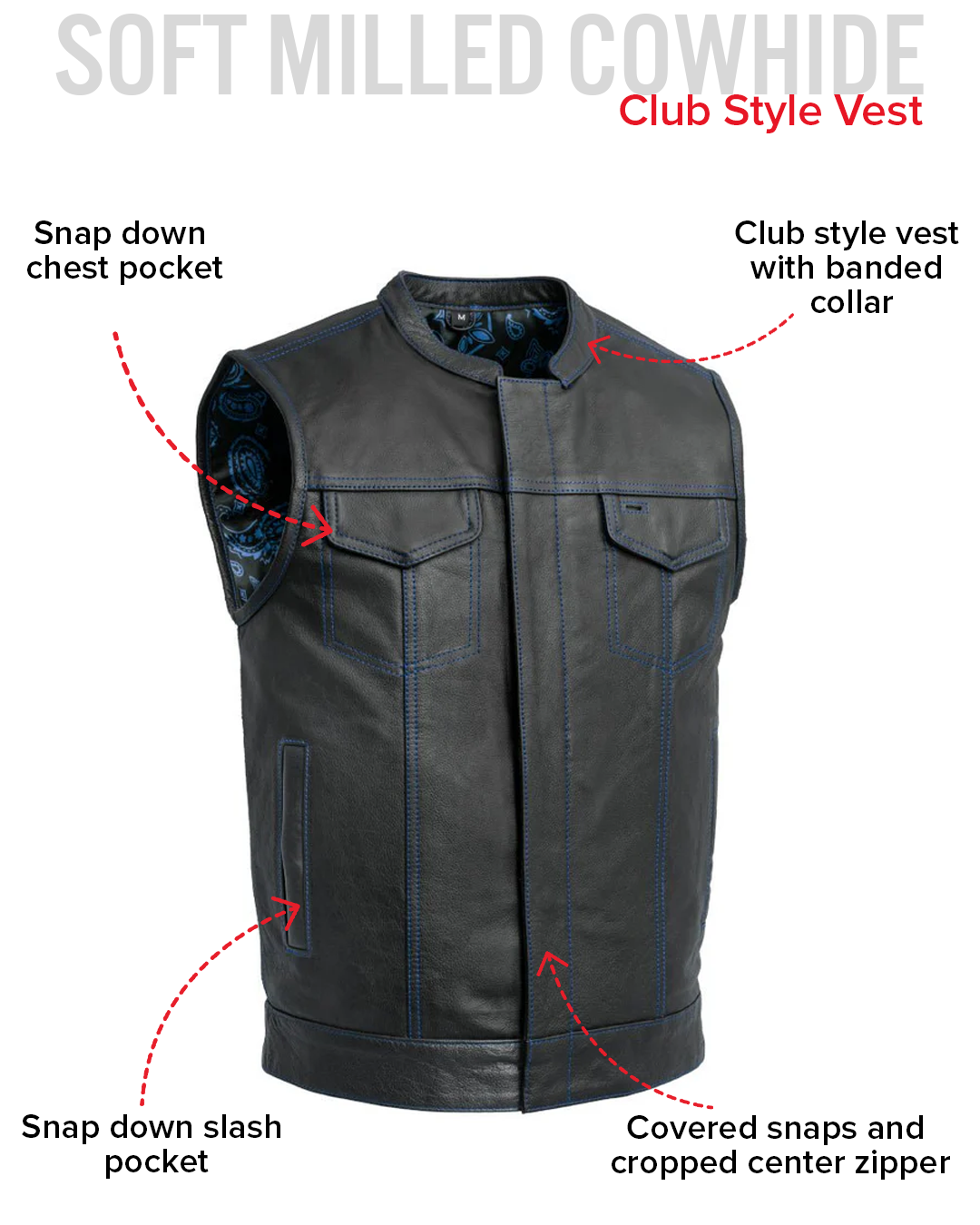 The Cut Men's Motorcycle Leather Vest, Multiple Color Options