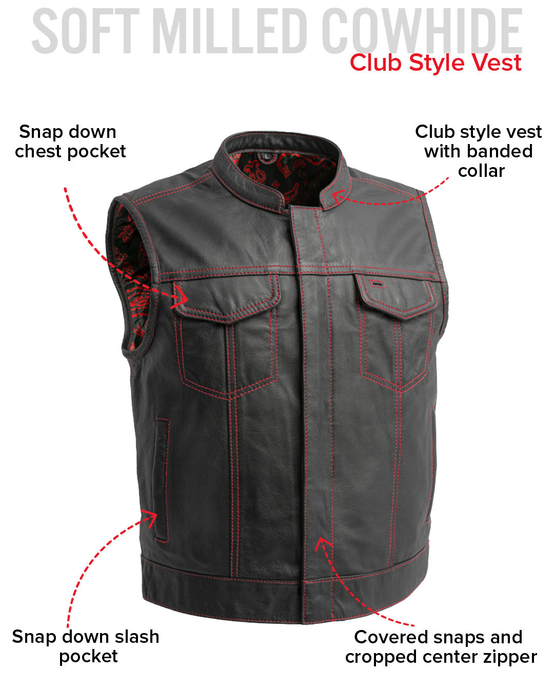 The Club Cut Men's Motorcycle Leather Vest, Multiple Color Options