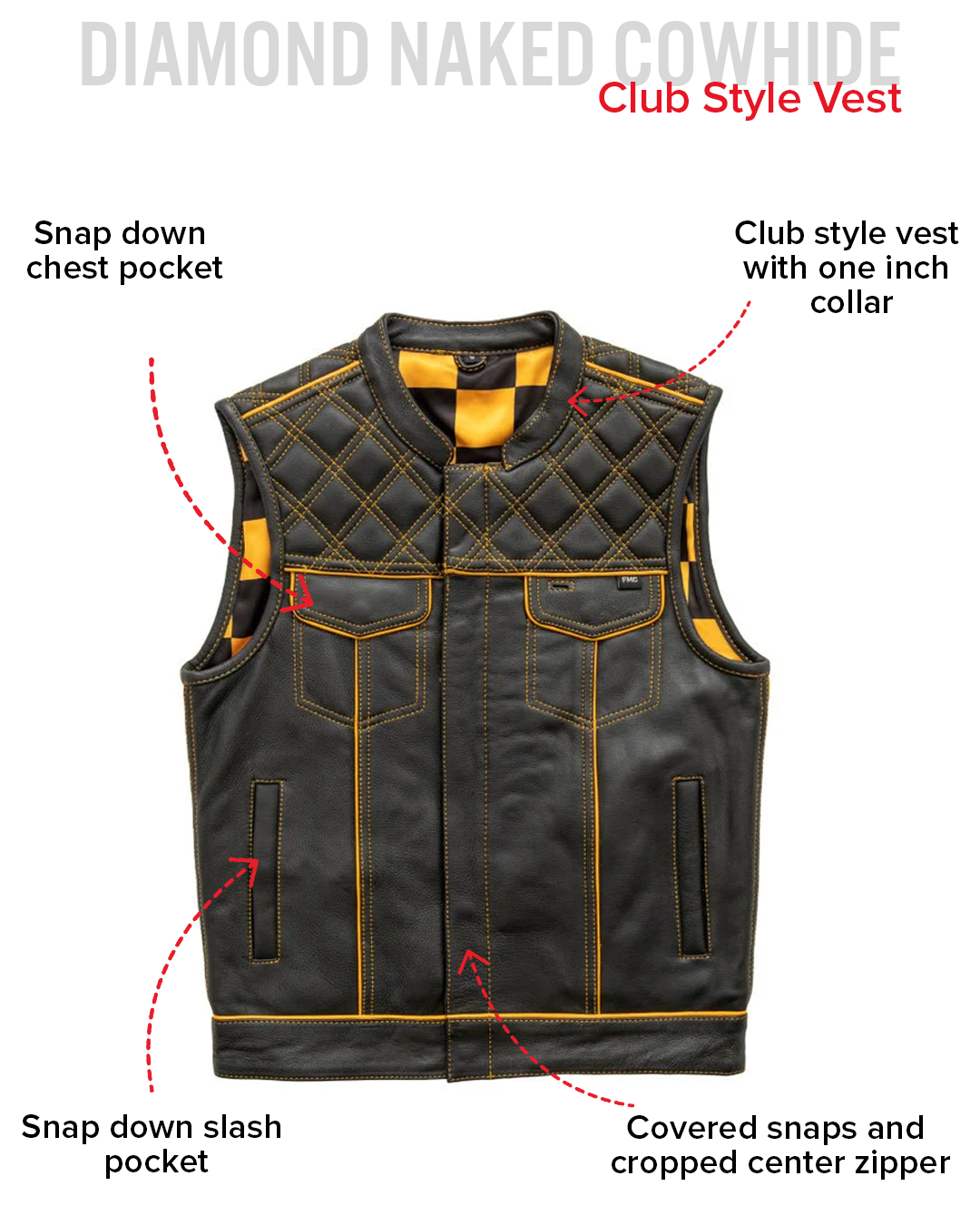 Finish Line - Gold Checker - Men's Motorcycle Leather Vest Men's Leather Vest Vests