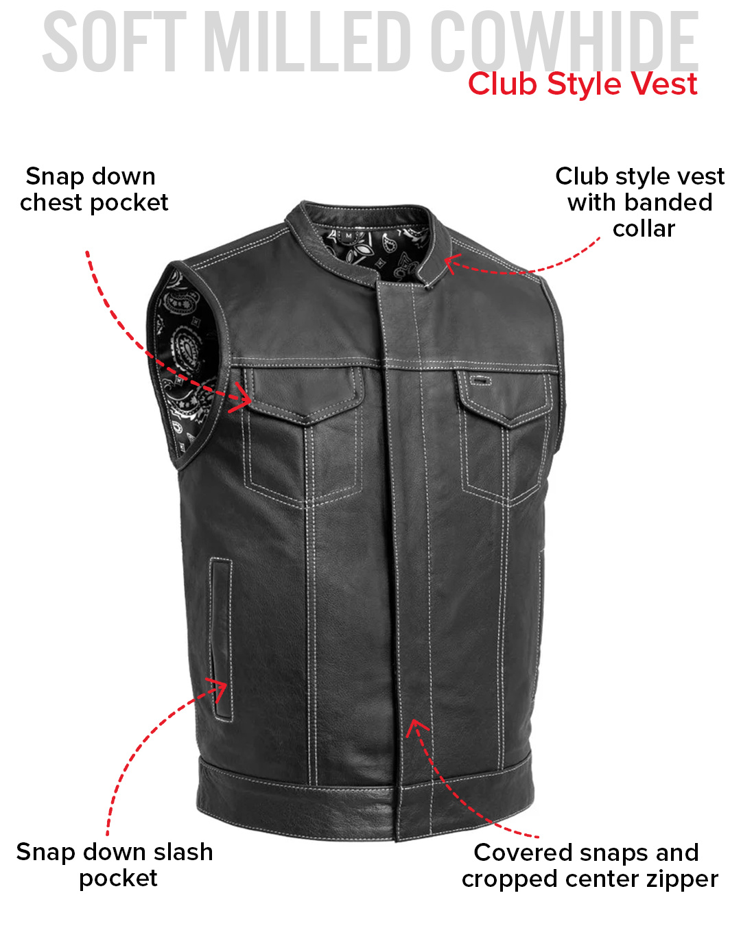 The Cut Mens Motorcycle Leather Vest, Multiple Color Options