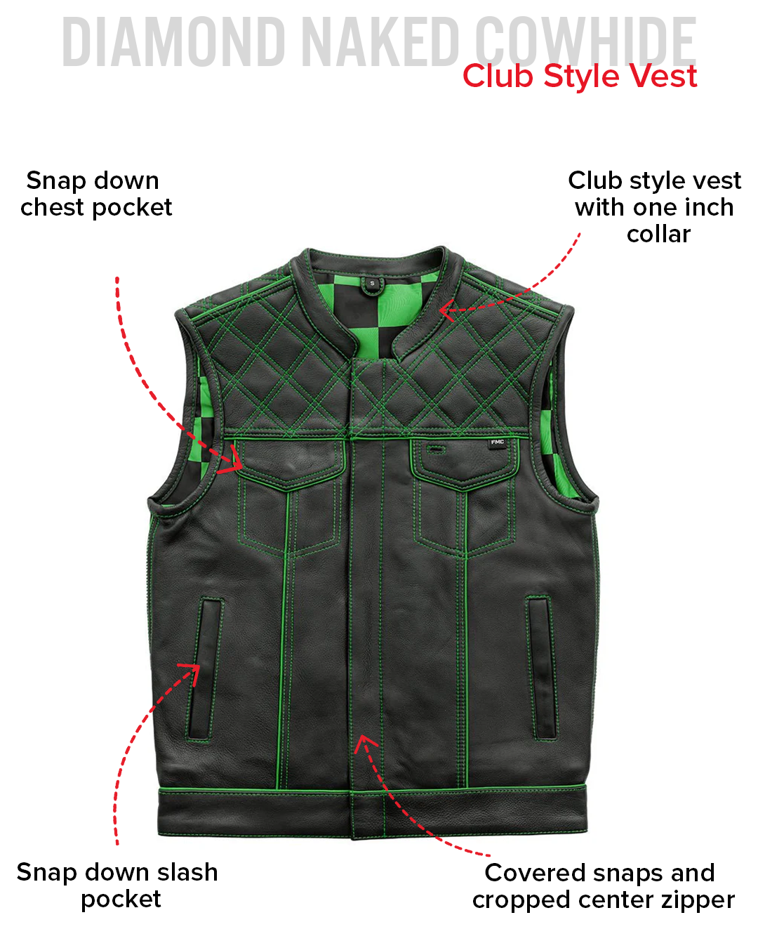 Finish Line - Green Checker - Men's Motorcycle Leather Vest Men's Leather Vest Vests