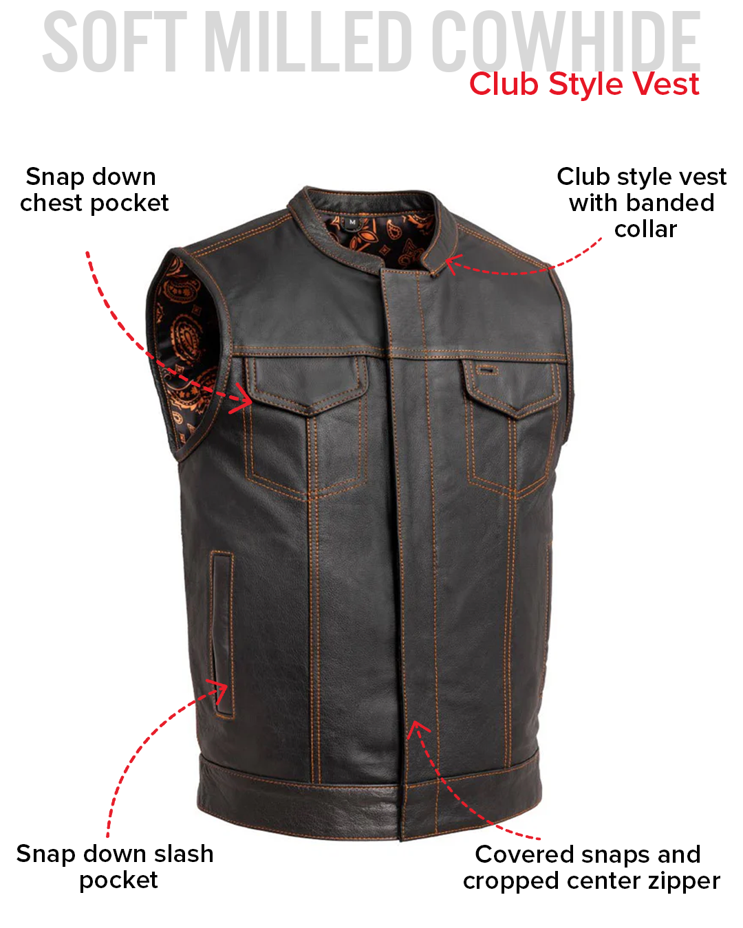 The Cut Men's Motorcycle Leather Vest, Multiple Color Options