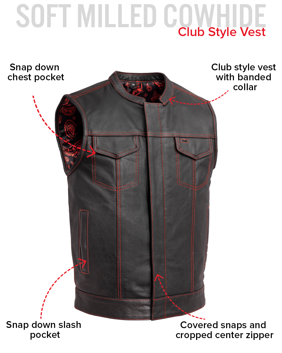 The Cut Mens Motorcycle Leather Vest, Multiple Color Options