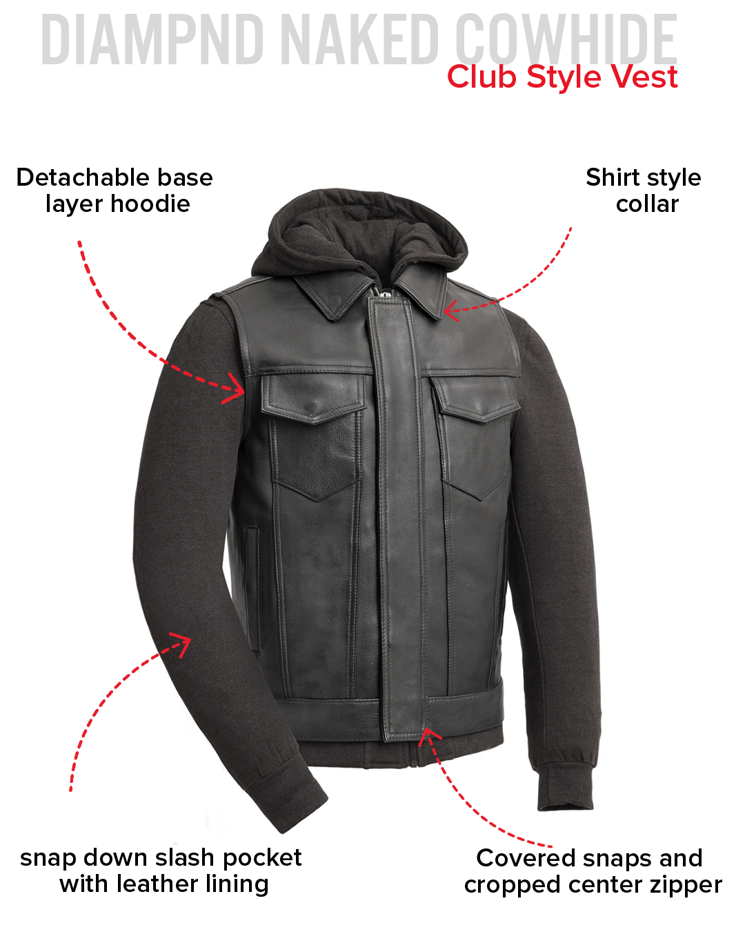 Kent Men's Motorcycle Leather Vest and Hoodie Men's Hoodie First Manufacturing Company